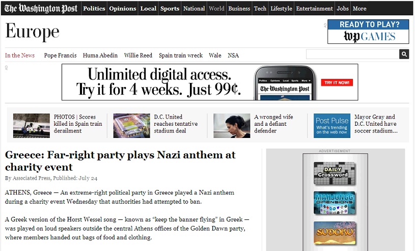 Η Washington Post για τον ναζιστικό ύμνο που ακουγόταν στο συσσίτιο της Χρυσής Αυγής - Media