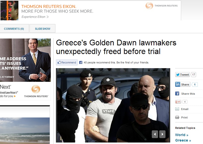 Reuters: «Απόφαση – έκπληξη» η απελευθέρωση των βουλευτών της Χρυσής Αυγής
 - Media