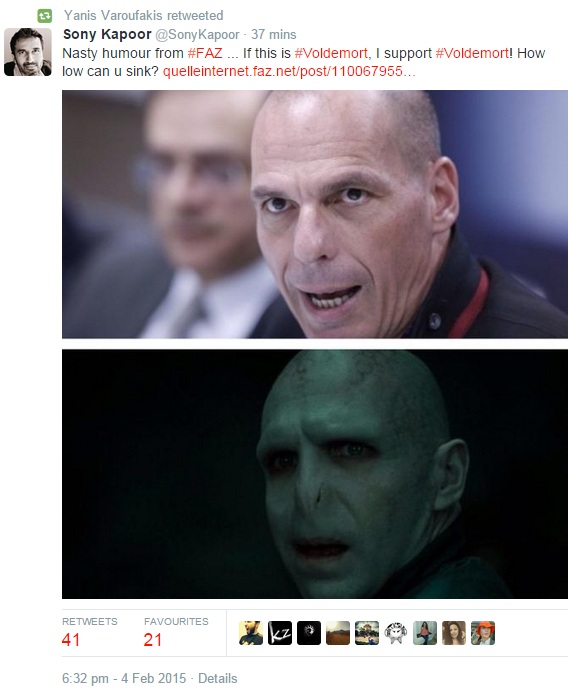 O Βαρουφάκης έκανε retweet τον εαυτό του ως Βόλντεμορτ τρολάροντας την FAZ - Media