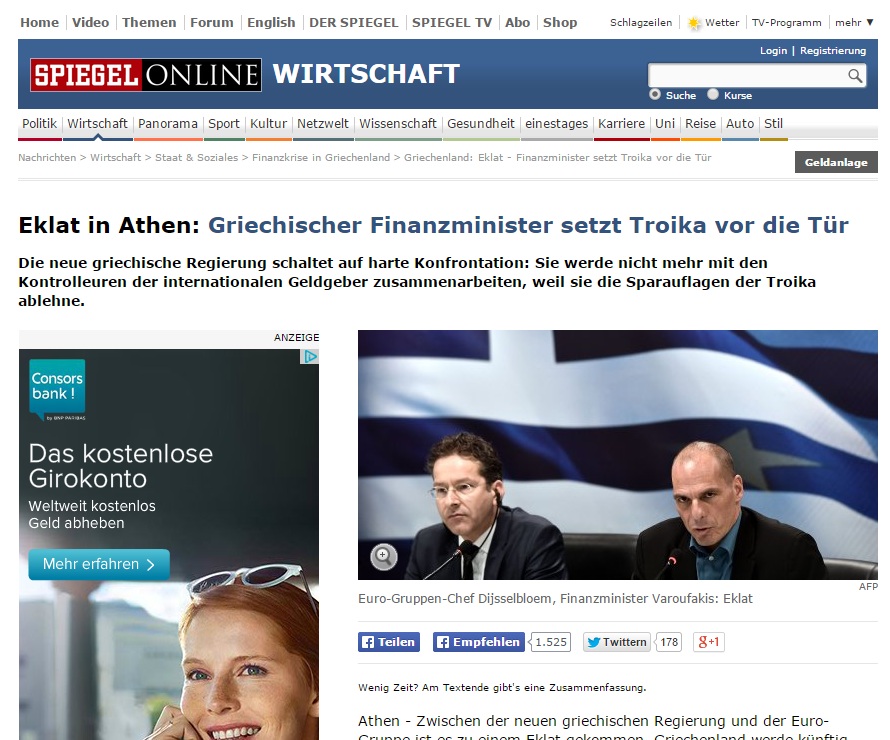 Spiegel: Η Ελλάδα επέλεξε σκληρή αντιπαράθεση - Ο ΥΠΟΙΚ διώχνει την τρόικα - Media