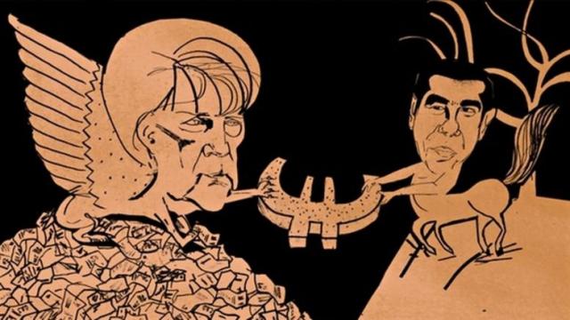 Ο Guardian σκιτσάρει την «Σφίγγα» Μέρκελ και τον «Κένταυρο» Τσίπρα να παλεύουν για το Ευρώ! - Media