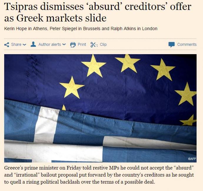 FT: Ο Τσίπρας απορρίπτει την «παράλογη» πρόταση των δανειστών - Media