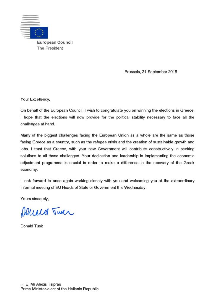 Η συγχαρητήρια επιστολή Τουσκ στον Τσίπρα: « Your Excellency» (Photo) - Media