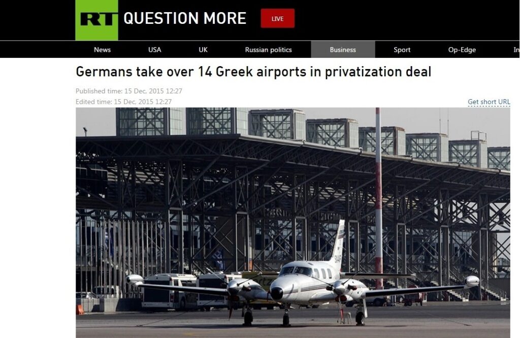 Πώς βλέπει το Russia Today το deal με τη Fraport: «Η Ελλάδα προς πώληση, οι Γερμανοί ελέγχουν 14 αεροδρόμια» - Media