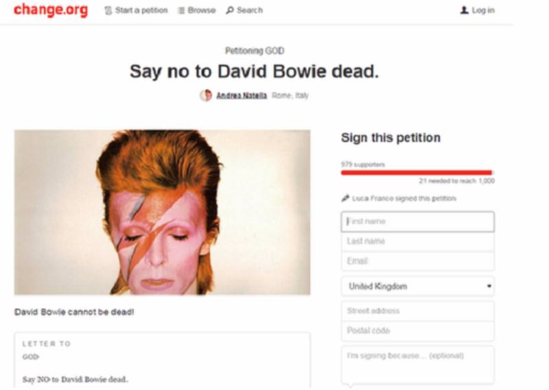 Καμπάνια από φανατικό θαυμαστή του Bowie - Ζητά από τον Θεό να τον επαναφέρει στη ζωή - Media