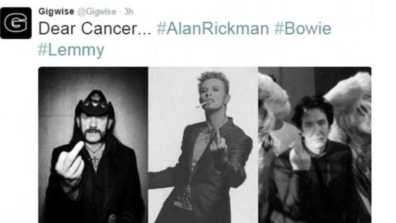 Lemmy Kilmster, David Bowie και Alan Rickman δείχνουν το μεσαίο δάχτυλο στον καρκίνο (Photo) - Media