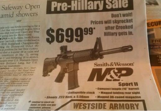 Η διαφήμιση που προκαλεί αντιδράσεις στις ΗΠΑ:  Αγοράστε όπλα τώρα τώρα, πριν εκλεγεί η διεφθαρμένη Χίλαρι (Photo) - Media