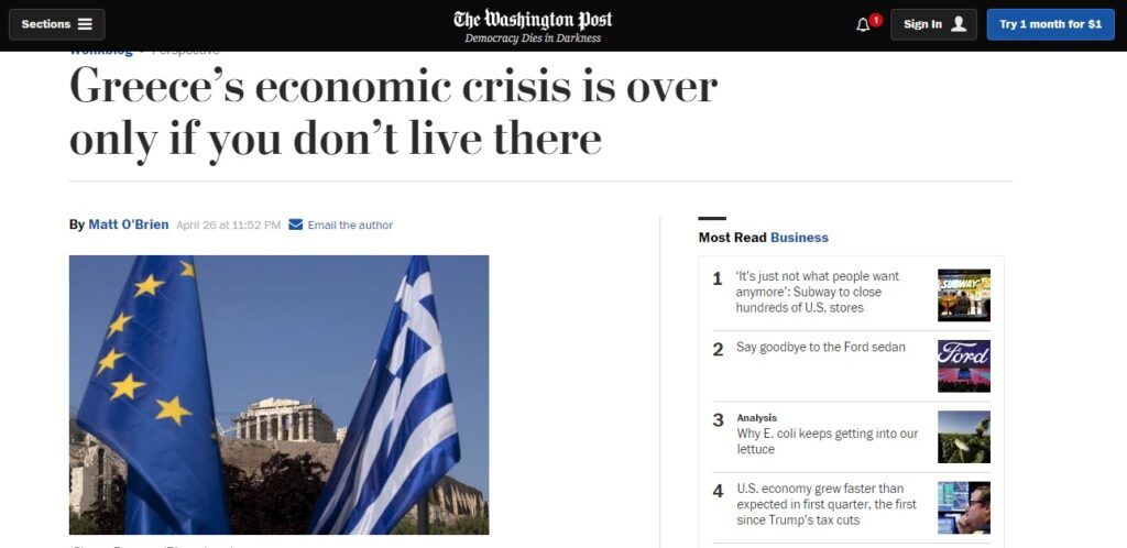 Washington Post: «Η οικονομική κρίση στην Ελλάδα τελείωσε, μόνο αν δεν ζεις εκεί» - Media