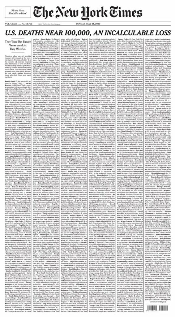«Ήταν εμείς»: Συγκλονιστικό «προσκλητήριο νεκρών» από κορωνοϊό στο πρωτοσέλιδο των New York Times - Media