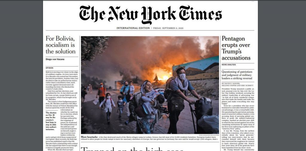 Πρωτοσέλιδο στους New York Times το δράμα της Μόριας μέσα από τον φακό Έλληνα φωτογράφου  - Media