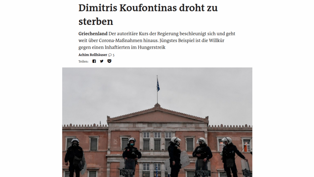 Der Freitag: Κριτική στην κυβέρνηση για τη στάση της στην απεργία πείνας Κουφοντίνα - Media