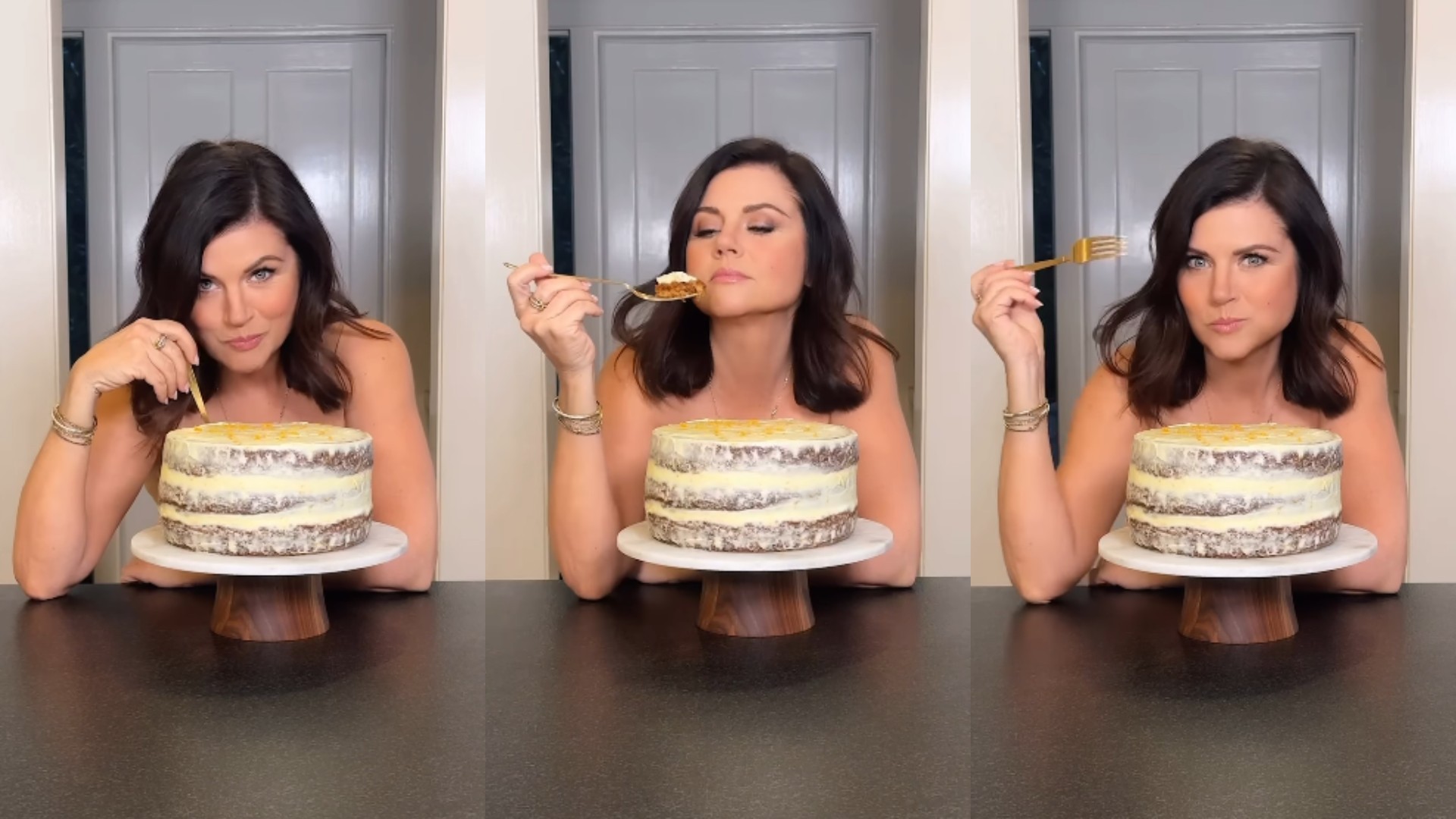 Tiffani Thiessen, znana po vlogi Valerie v seriji "Beverly Hills", objavila posnetek, kako gola uživa v torti