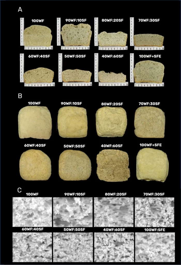 Εικόνες από κέντρο (Α), κόρα (Β) και ψίχουλα (Γ) σκευασμάτων ψωμιού που αναπτύχθηκαν με αλεύρι σίτου (WF) σε συνδυασμό με αλεύρι ηλιόσπορου (SF) ή με το εκχύλισμα αλεύρου ηλίανθου (SFE) και το τυπικό δείγμα που παρασκευάστηκε με 100% αλεύρι σίτου. Οι αριθμοί υποδεικνύουν τις αναλογίες των συστατικών με βάση το βάρος του αλευριού (g/100 g).